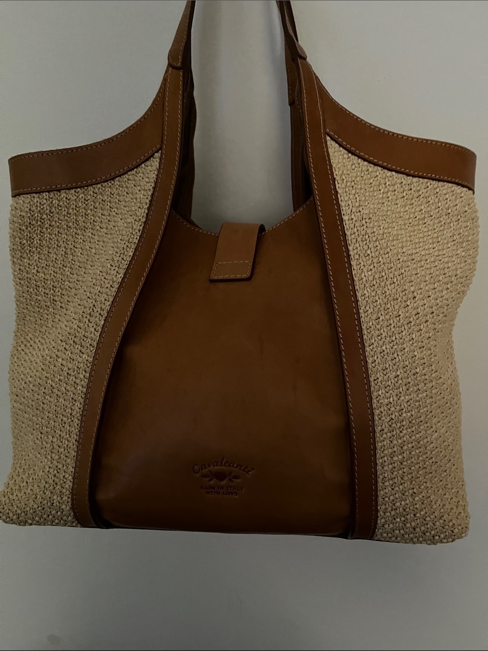Cream & Tan Leather-Trimmed Woven Satchel - Timeless Everyday Tote - Picture 2 of 3